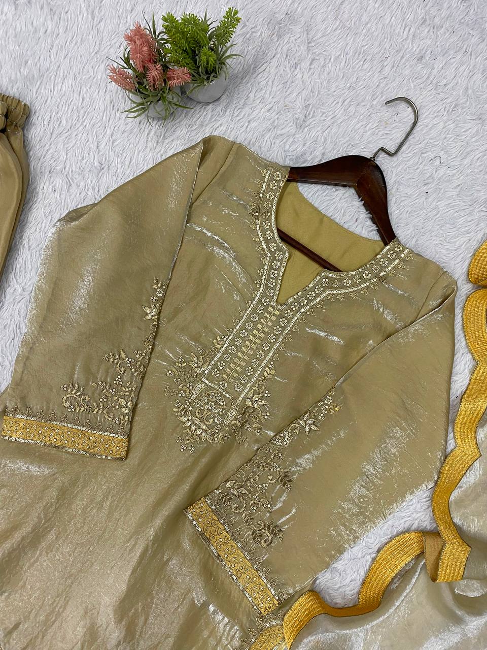 Beige Gold Fendy Silk Sequin Kurta Palazzo Set, view 7