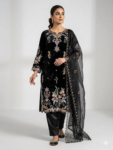 Black Glass Roman Silk Embroidered Kurta Pant Set