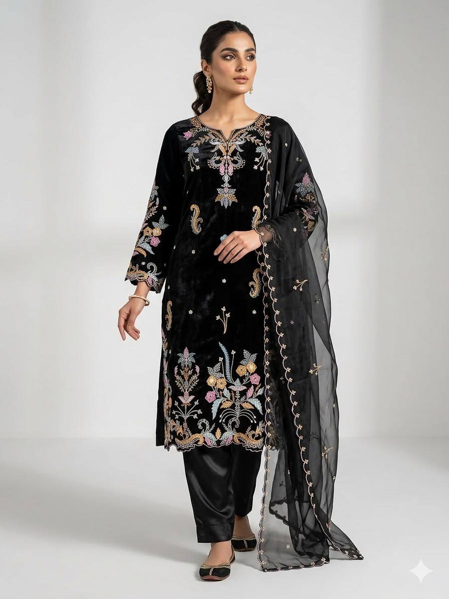 Black Glass Roman Silk Embroidered Kurta Pant Set