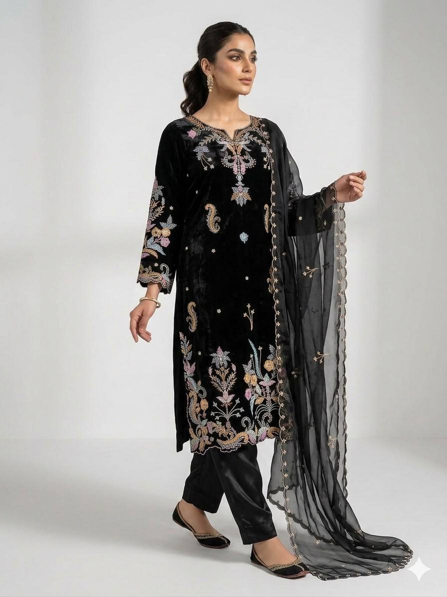 Black Glass Roman Silk Embroidered Kurta Pant Set, view 2