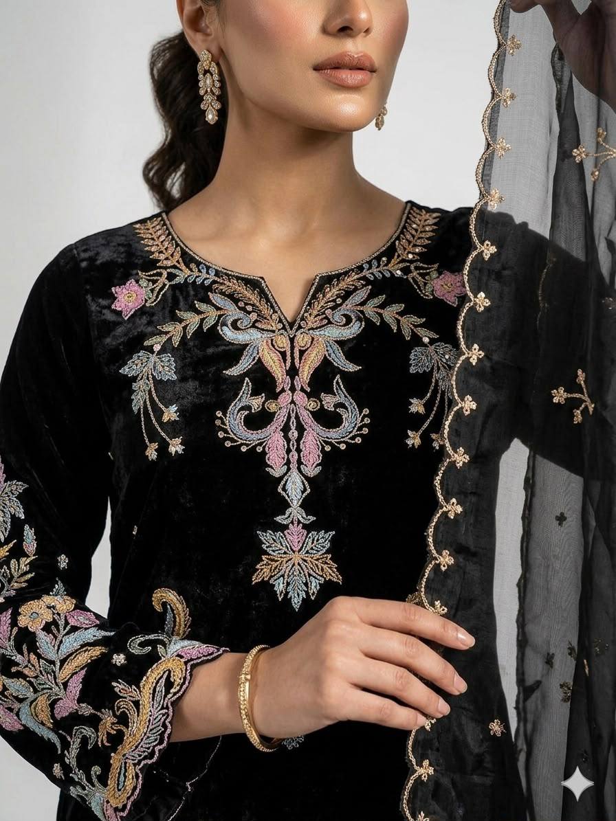 Black Glass Roman Silk Embroidered Kurta Pant Set, view 3