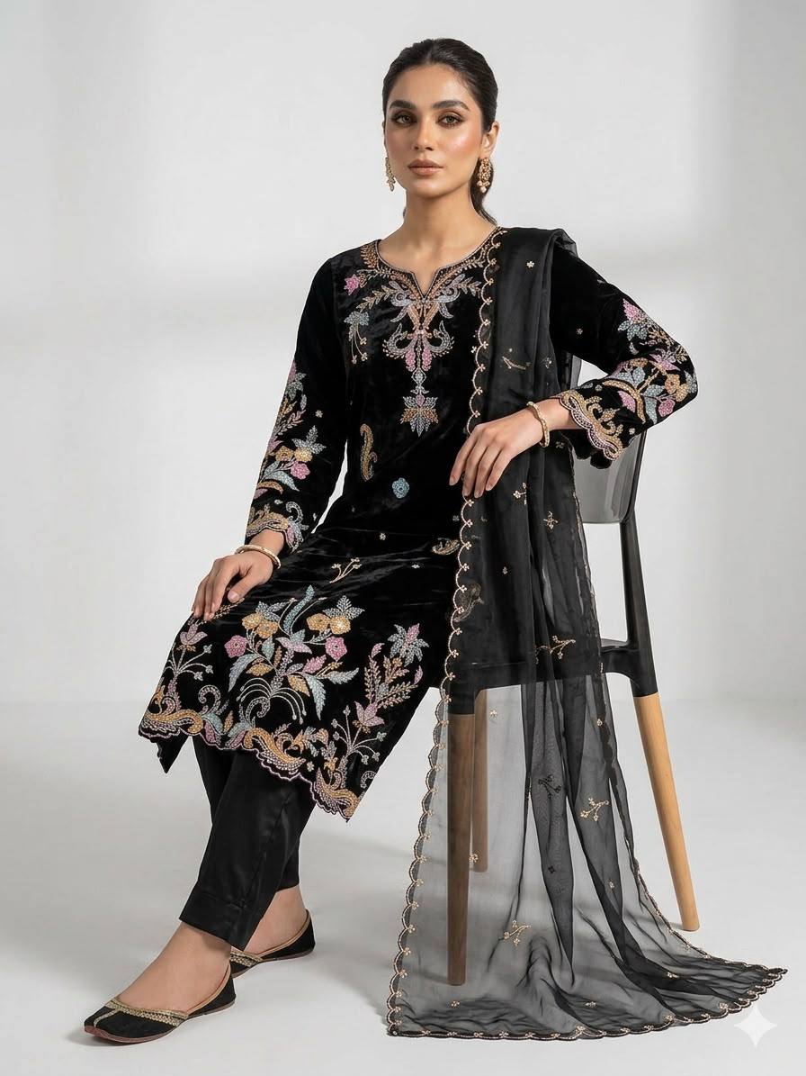 Black Glass Roman Silk Embroidered Kurta Pant Set, view 4