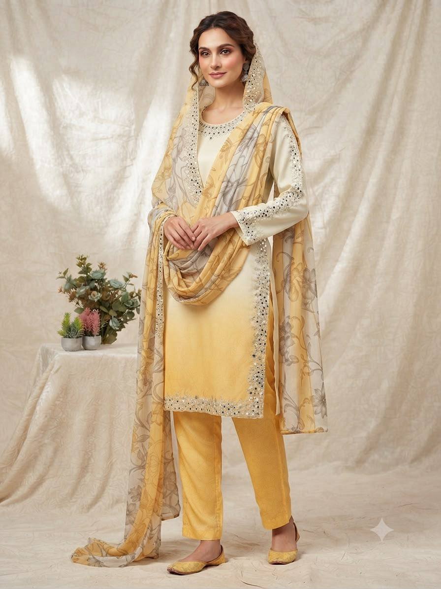 Yellow Crepe Silk Mirror Work Kurta Pant Set