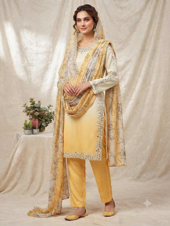 Yellow Crepe Silk Mirror Work Kurta Pant Set