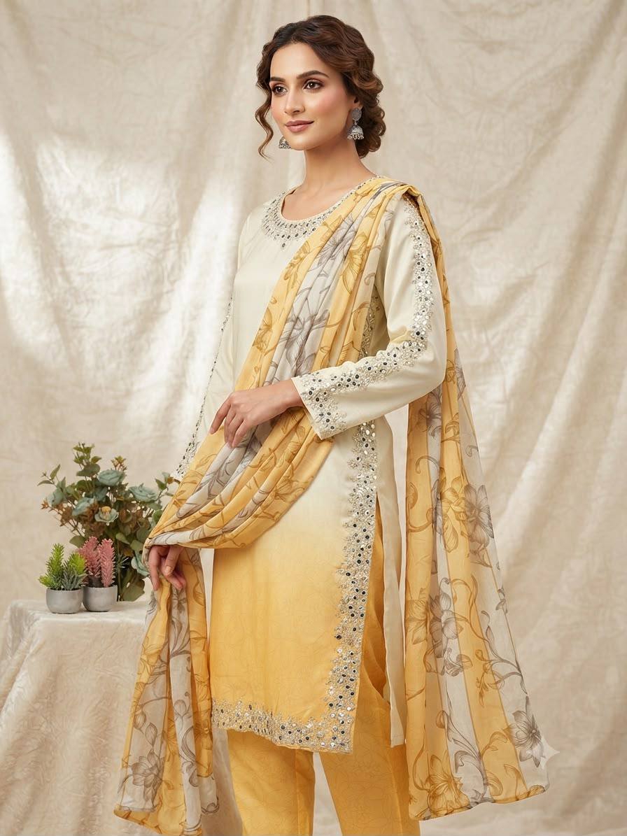 Yellow Crepe Silk Mirror Work Kurta Pant Set, view 2