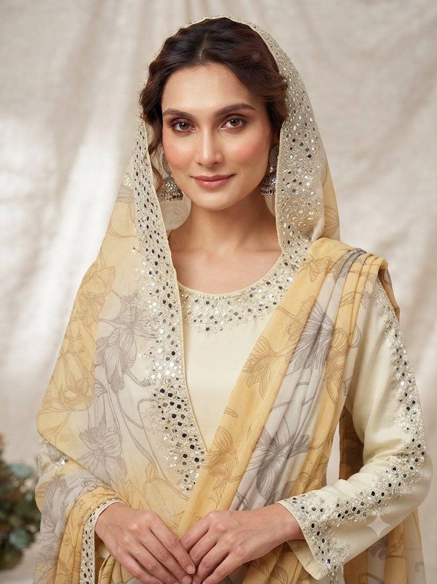Yellow Crepe Silk Mirror Work Kurta Pant Set, view 3