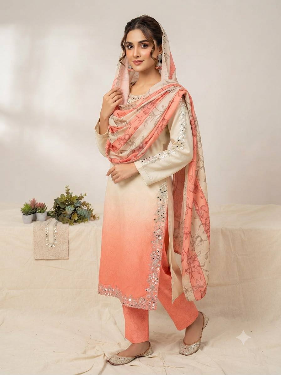 Peach Crepe Silk Mirror Work Kurta Pant Set