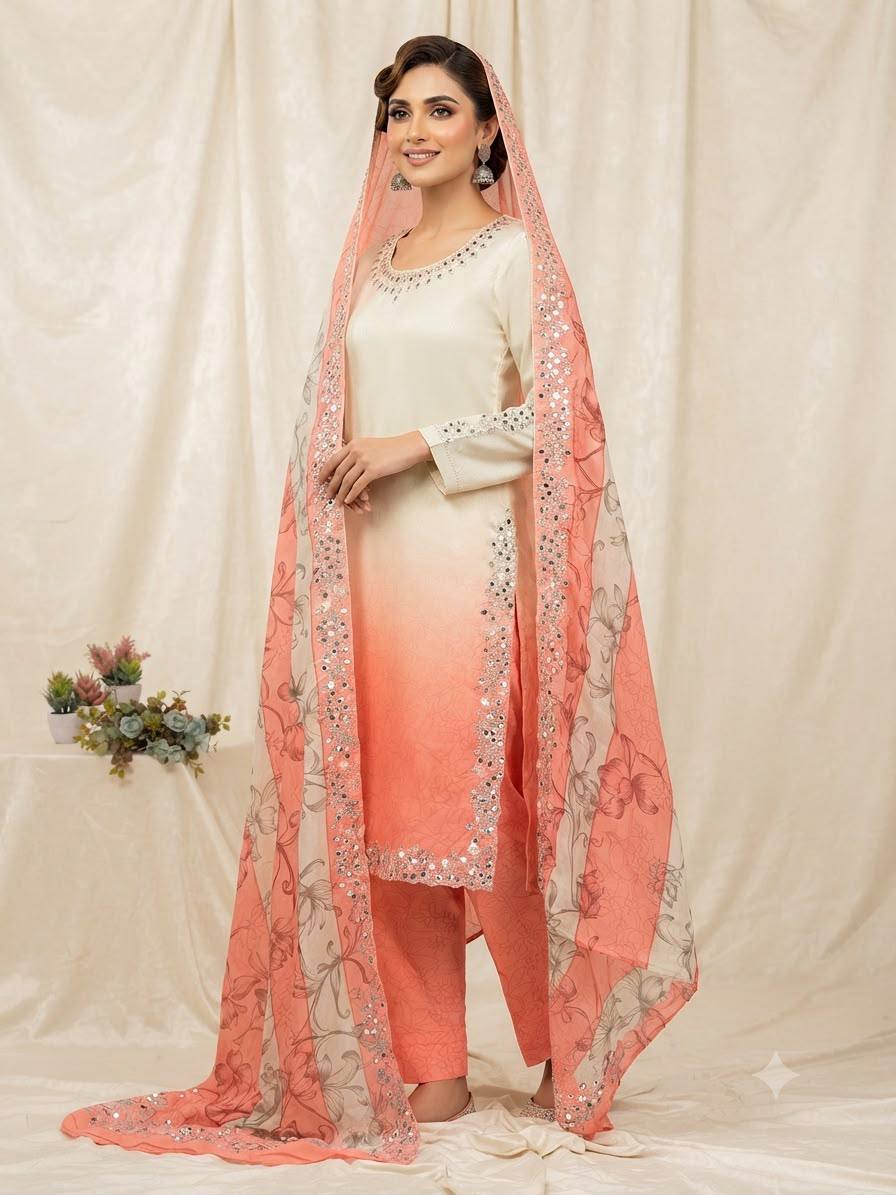 Peach Crepe Silk Mirror Work Kurta Pant Set, view 2