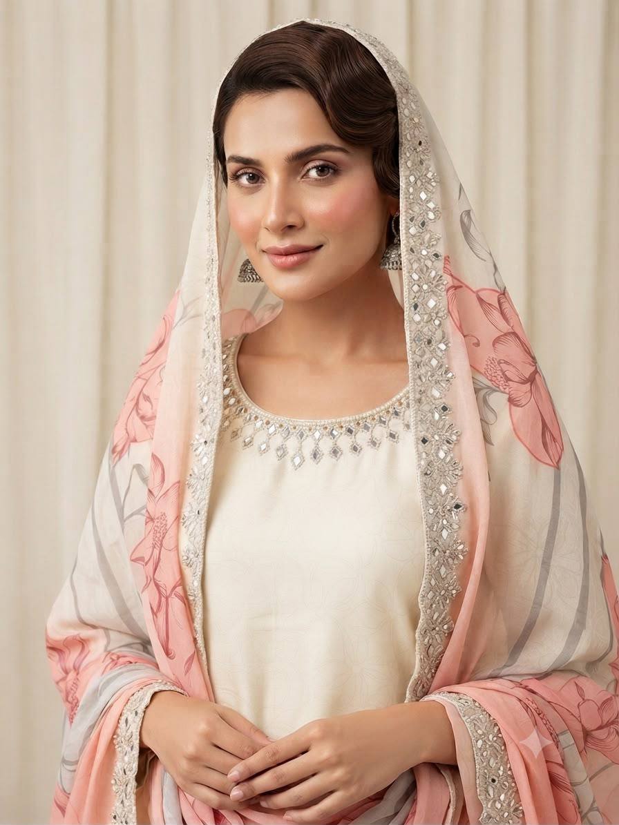 Peach Crepe Silk Mirror Work Kurta Pant Set, view 3