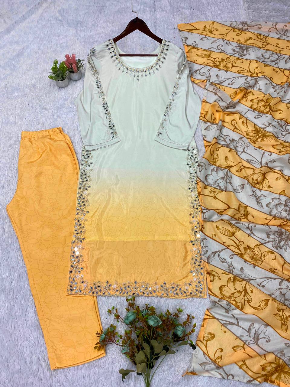 Yellow Crepe Silk Mirror Work Kurta Pant Set, view 4