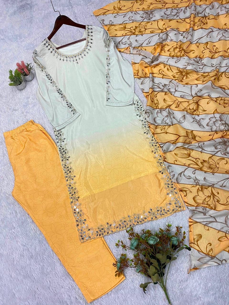 Yellow Crepe Silk Mirror Work Kurta Pant Set, view 5