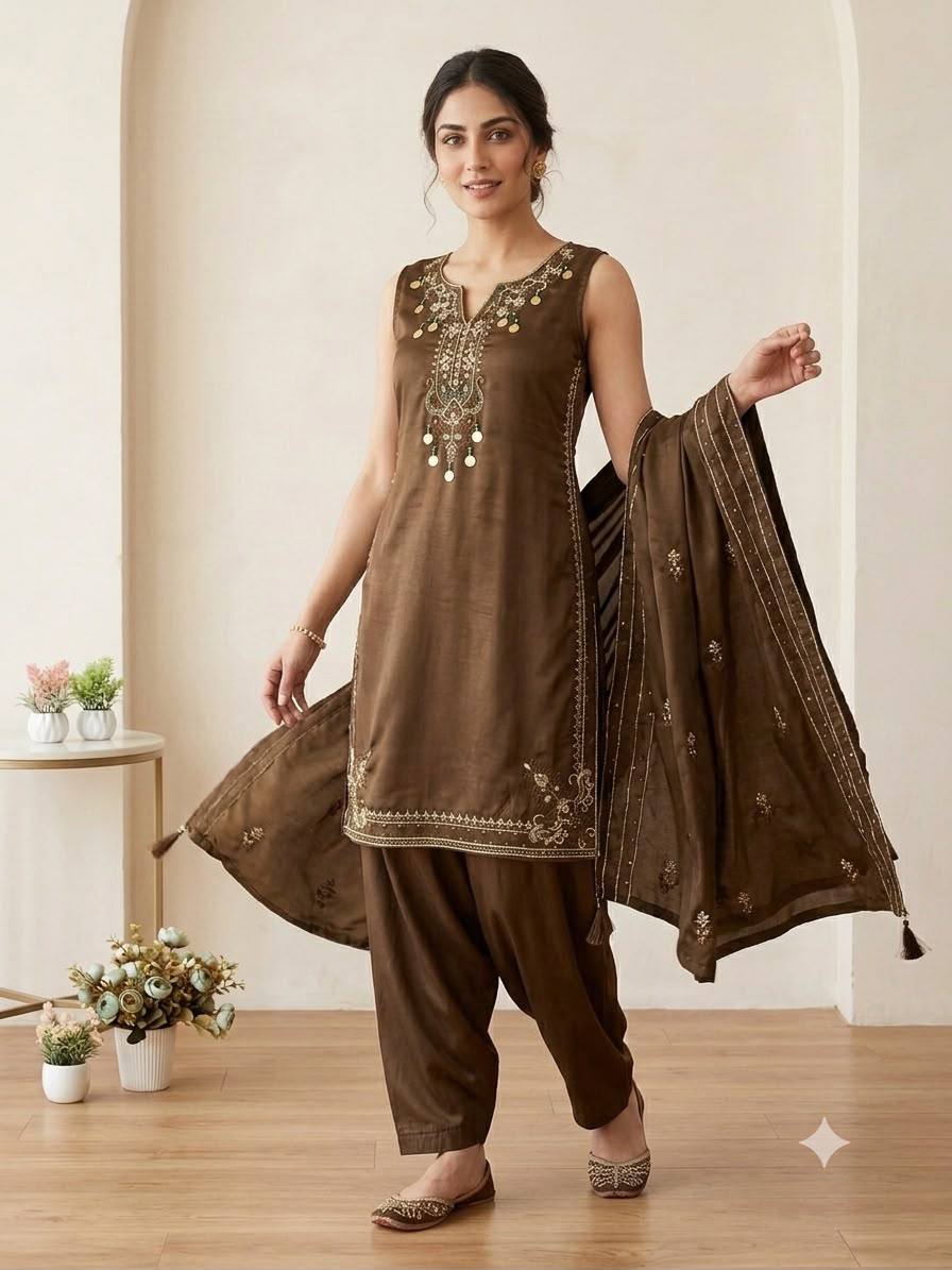 Coffee Brown Coss Moss Sequin Kurta Salwar Set
