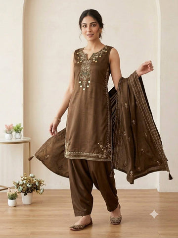 Coffee Brown Coss Moss Sequin Kurta Salwar Set