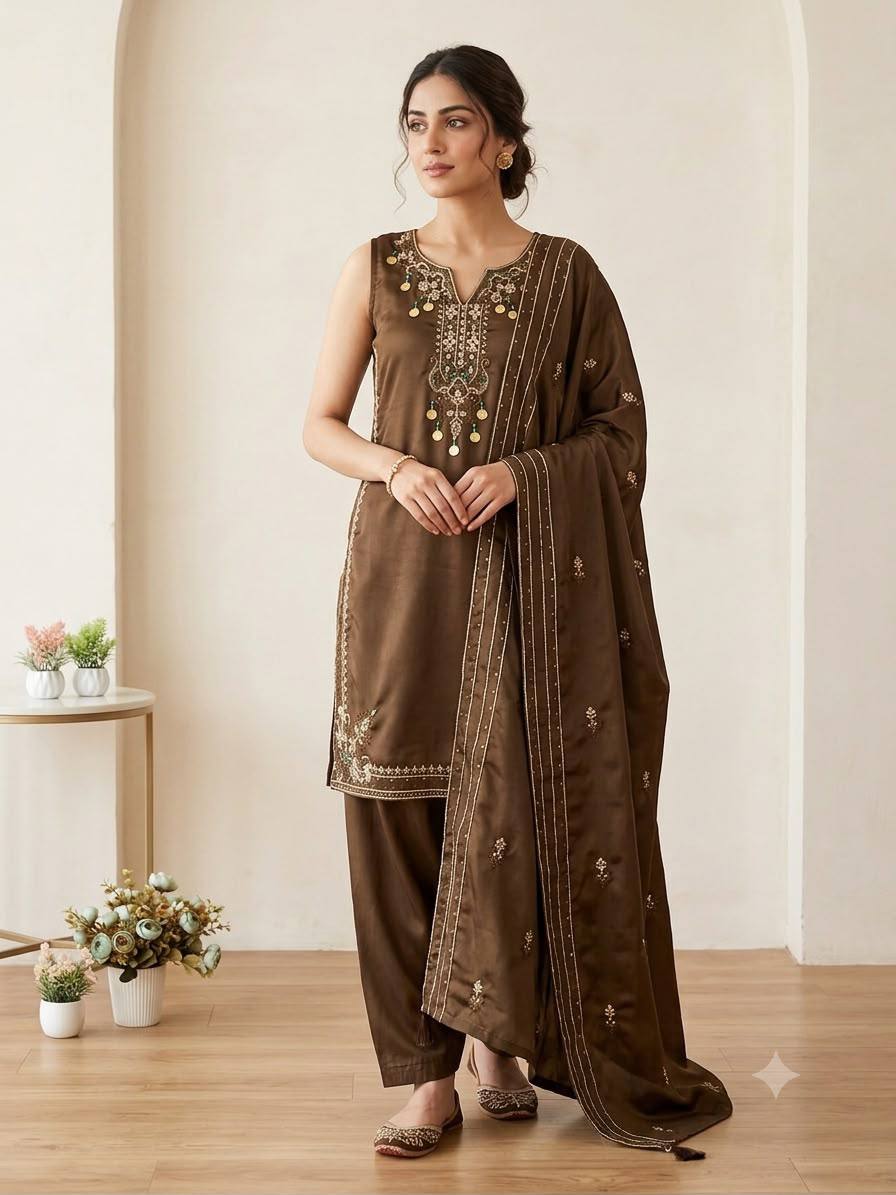 Coffee Brown Coss Moss Sequin Kurta Salwar Set, view 2