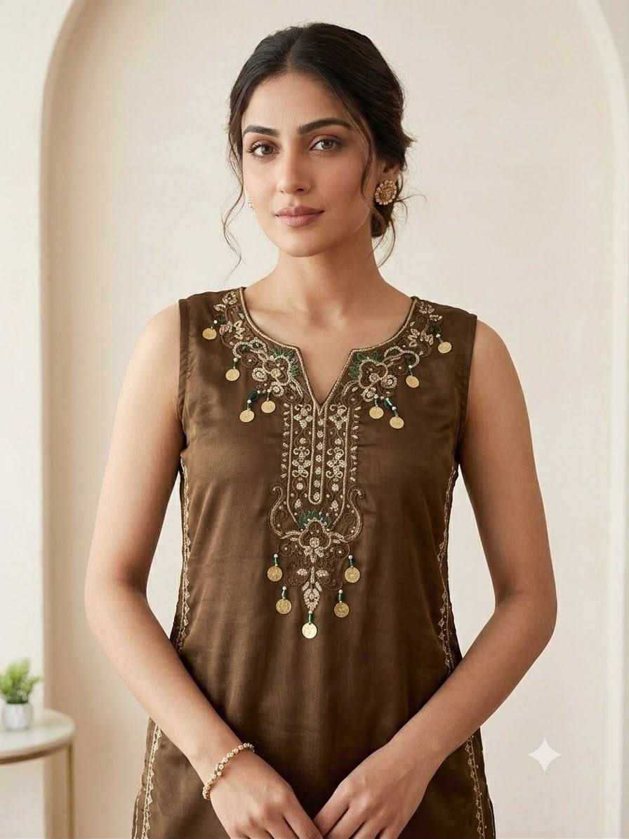 Coffee Brown Coss Moss Sequin Kurta Salwar Set, view 3