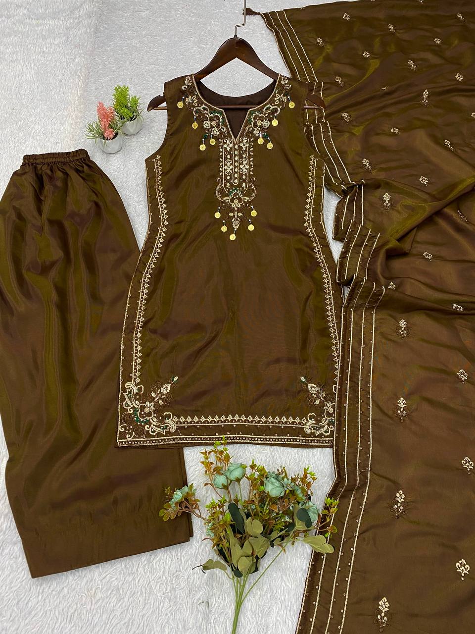 Coffee Brown Coss Moss Sequin Kurta Salwar Set, view 4