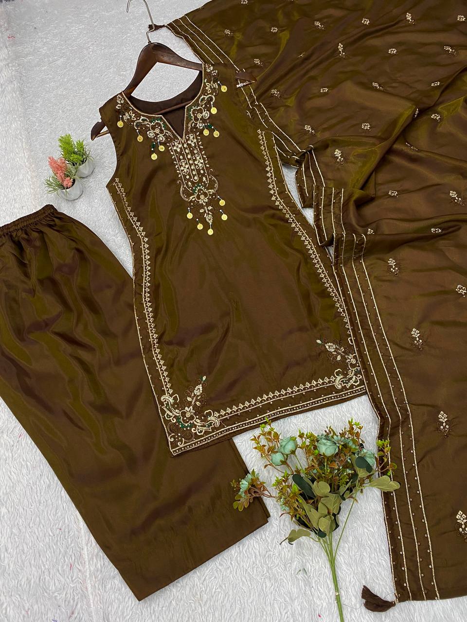 Coffee Brown Coss Moss Sequin Kurta Salwar Set, view 5