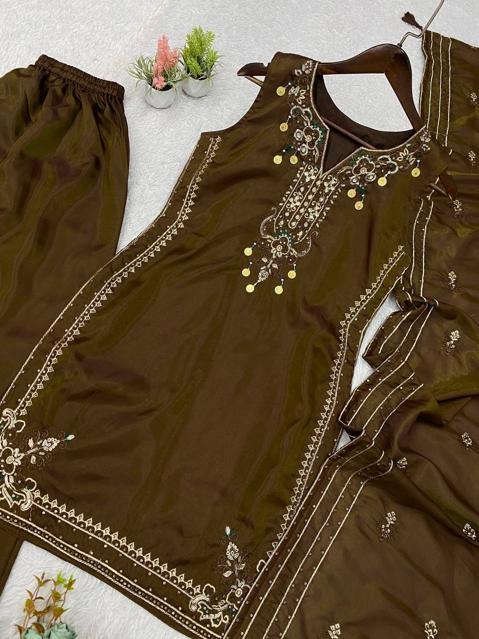 Coffee Brown Coss Moss Sequin Kurta Salwar Set, view 6
