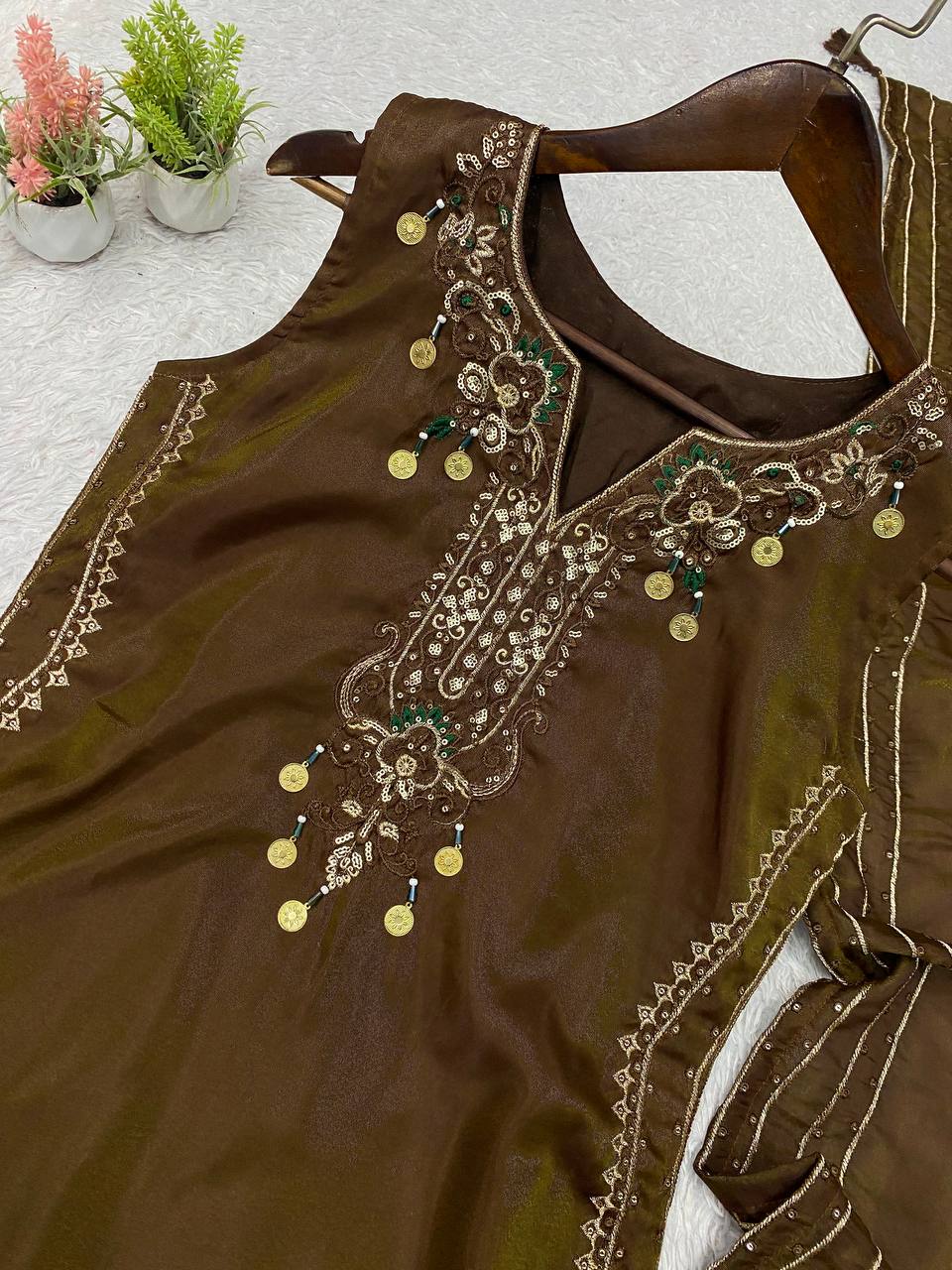 Coffee Brown Coss Moss Sequin Kurta Salwar Set, view 7