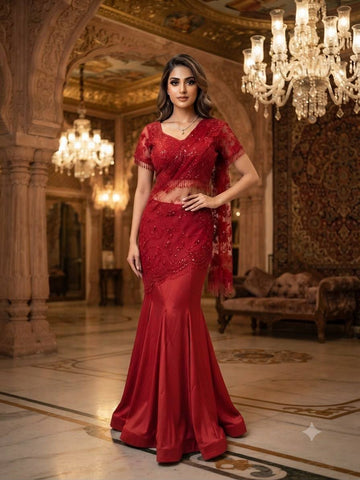 Red Crepe Silk Sequin Ready-to-Wear Saree