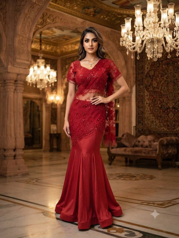 Red Crepe Silk Sequin Ready-to-Wear Saree