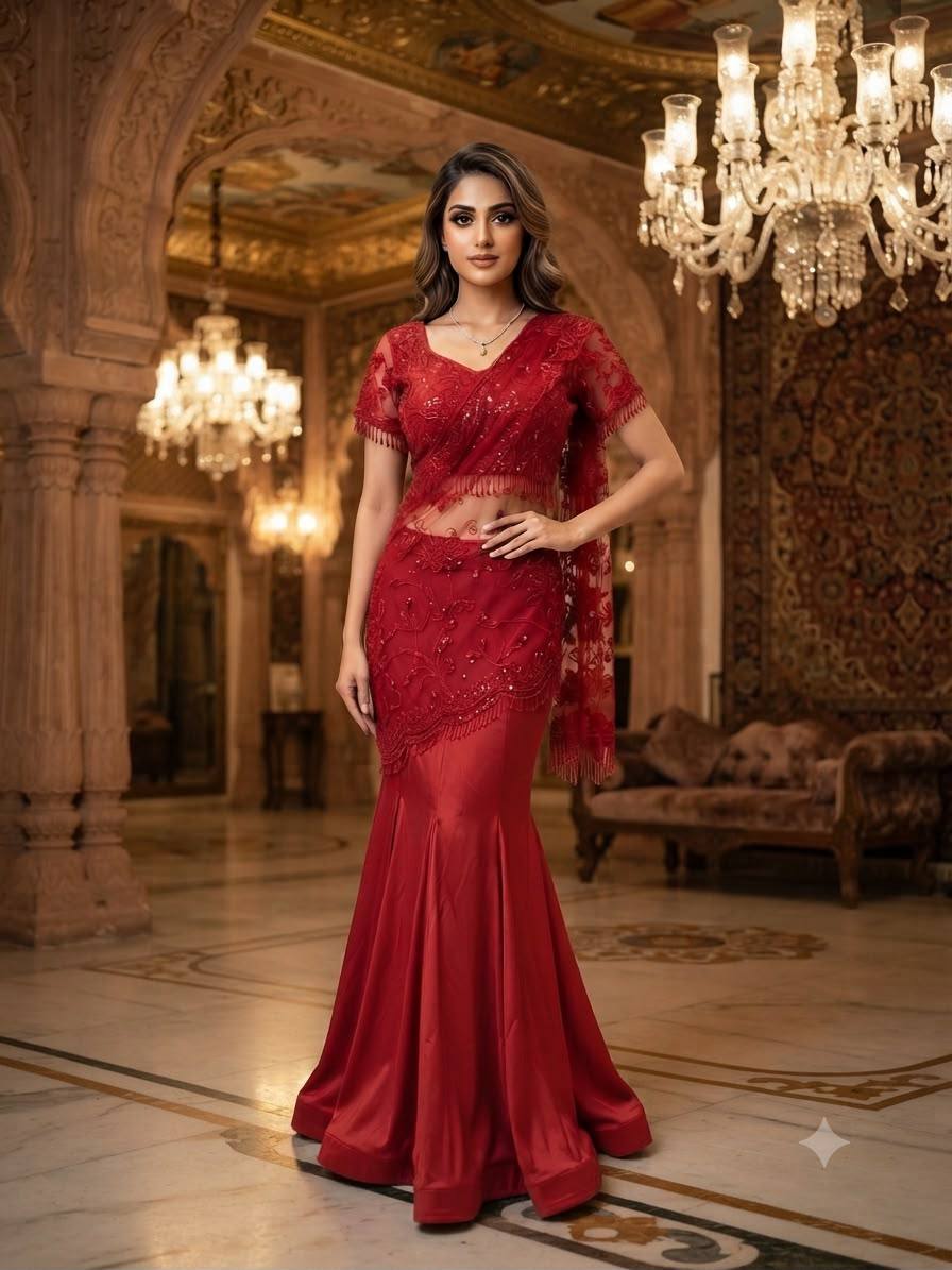 Red Crepe Silk Sequin Ready-to-Wear Saree