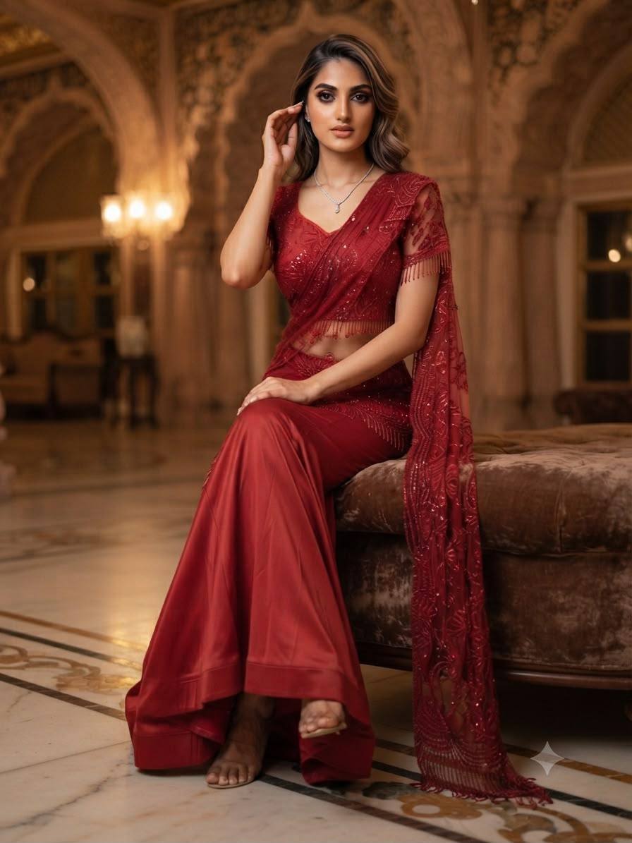 Red Crepe Silk Sequin Ready-to-Wear Saree, view 2