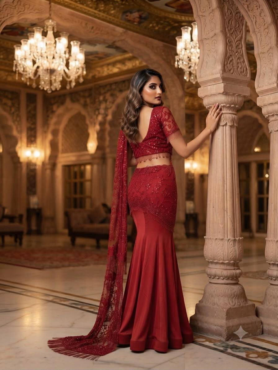 Red Crepe Silk Sequin Ready-to-Wear Saree, view 3