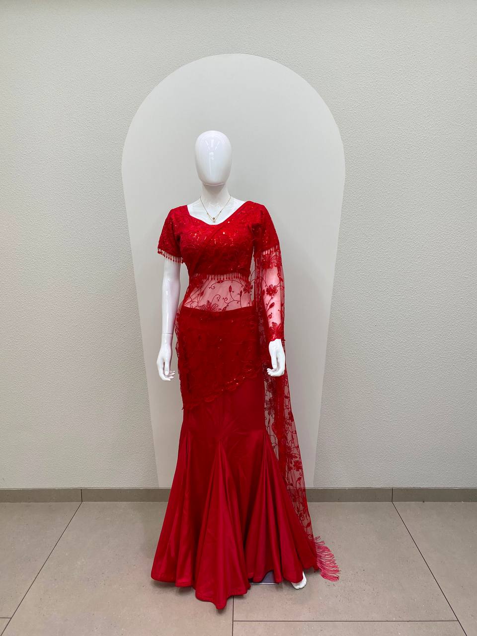 Red Crepe Silk Sequin Ready-to-Wear Saree, view 4