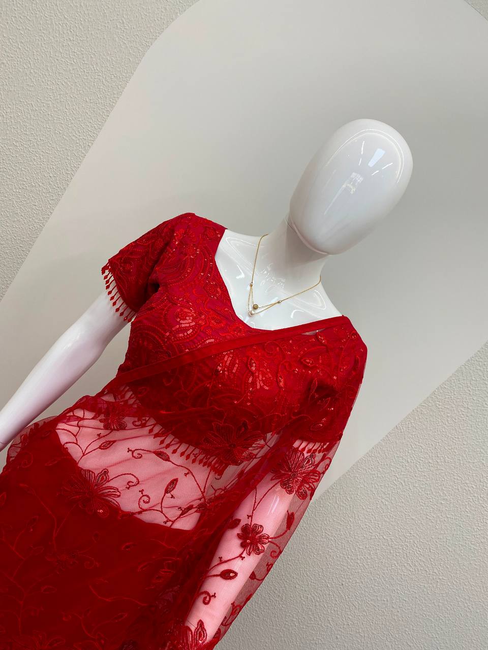 Red Crepe Silk Sequin Ready-to-Wear Saree, view 5