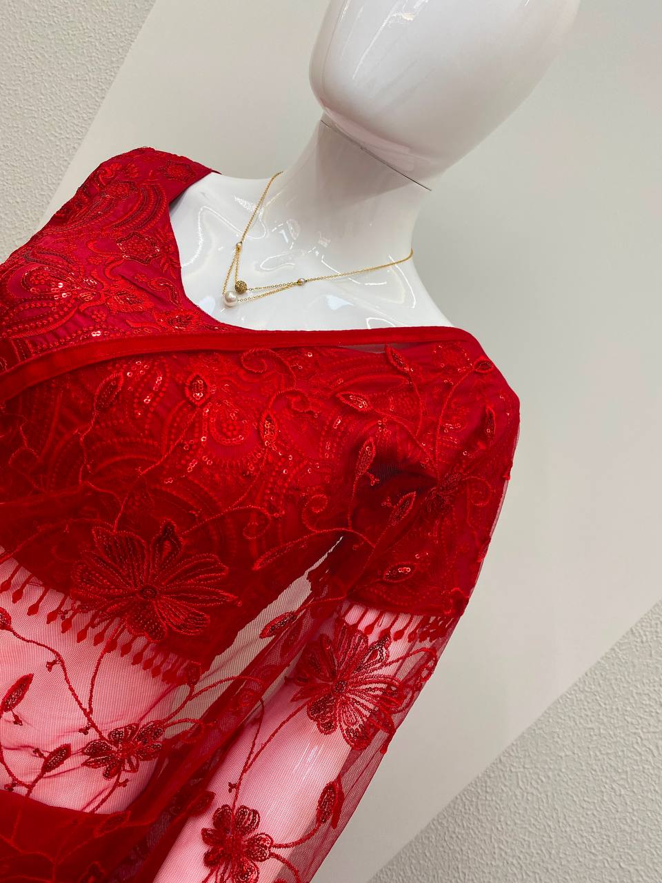 Red Crepe Silk Sequin Ready-to-Wear Saree, view 6
