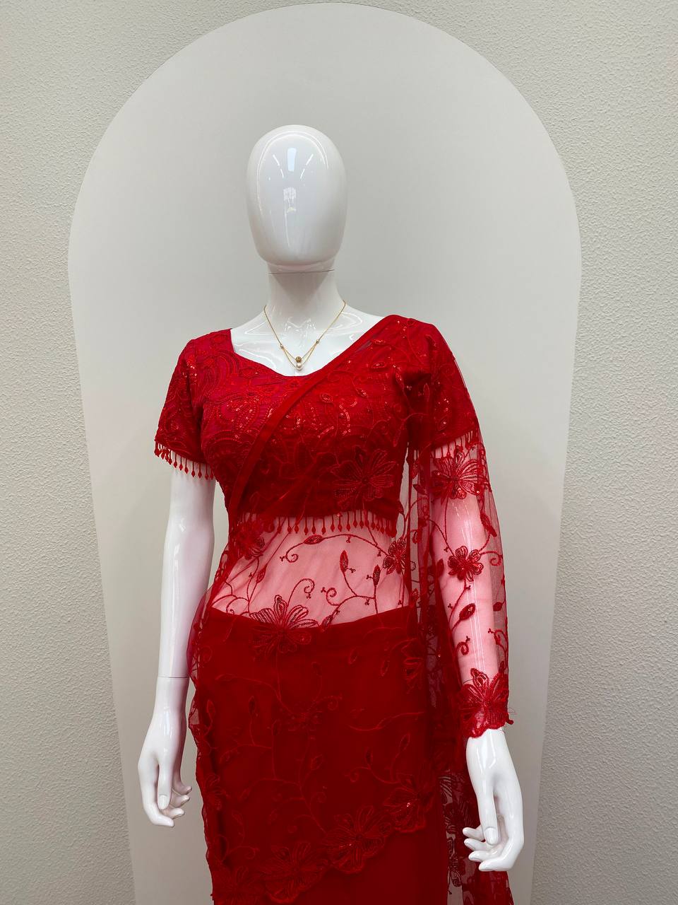 Red Crepe Silk Sequin Ready-to-Wear Saree, view 7
