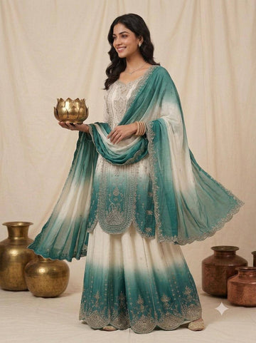 Teal Green Star Georgette Sequin Sharara Set