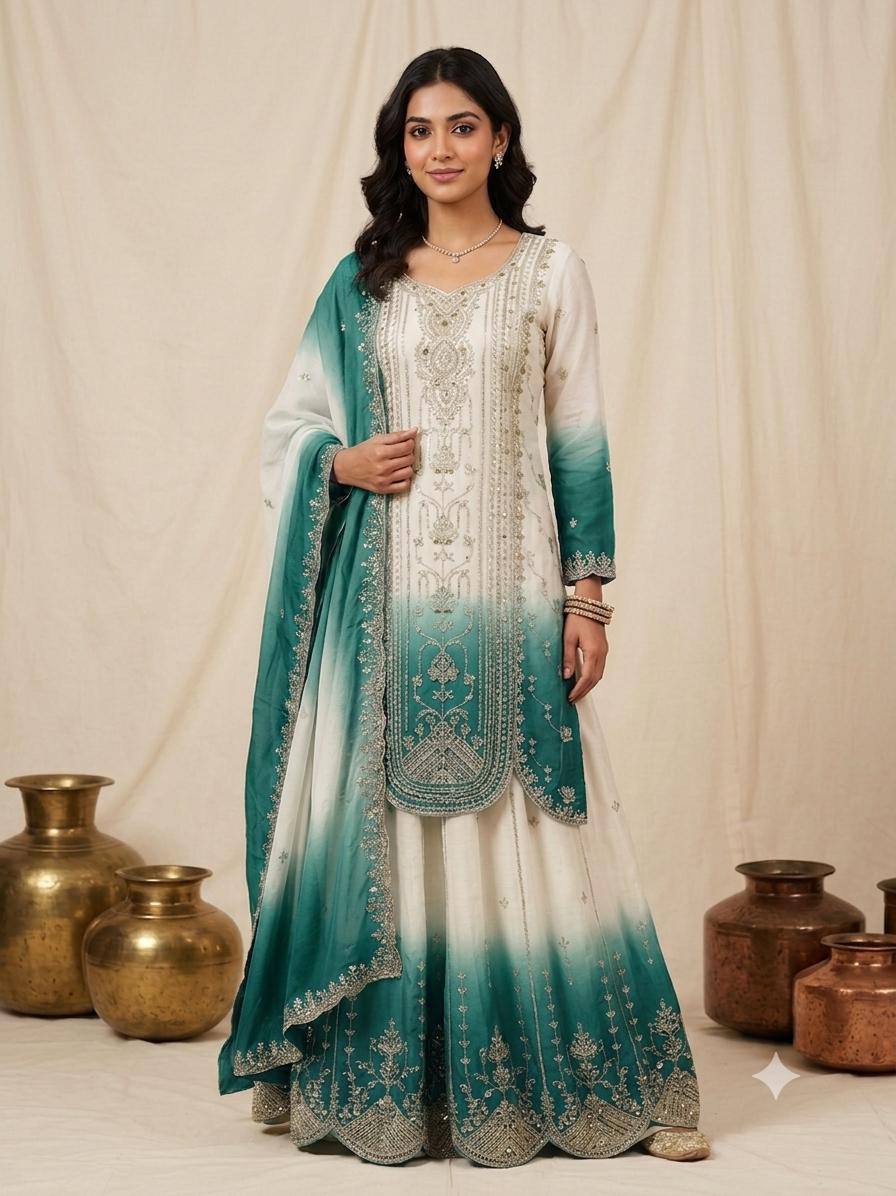 Teal Green Star Georgette Sequin Sharara Set, view 2