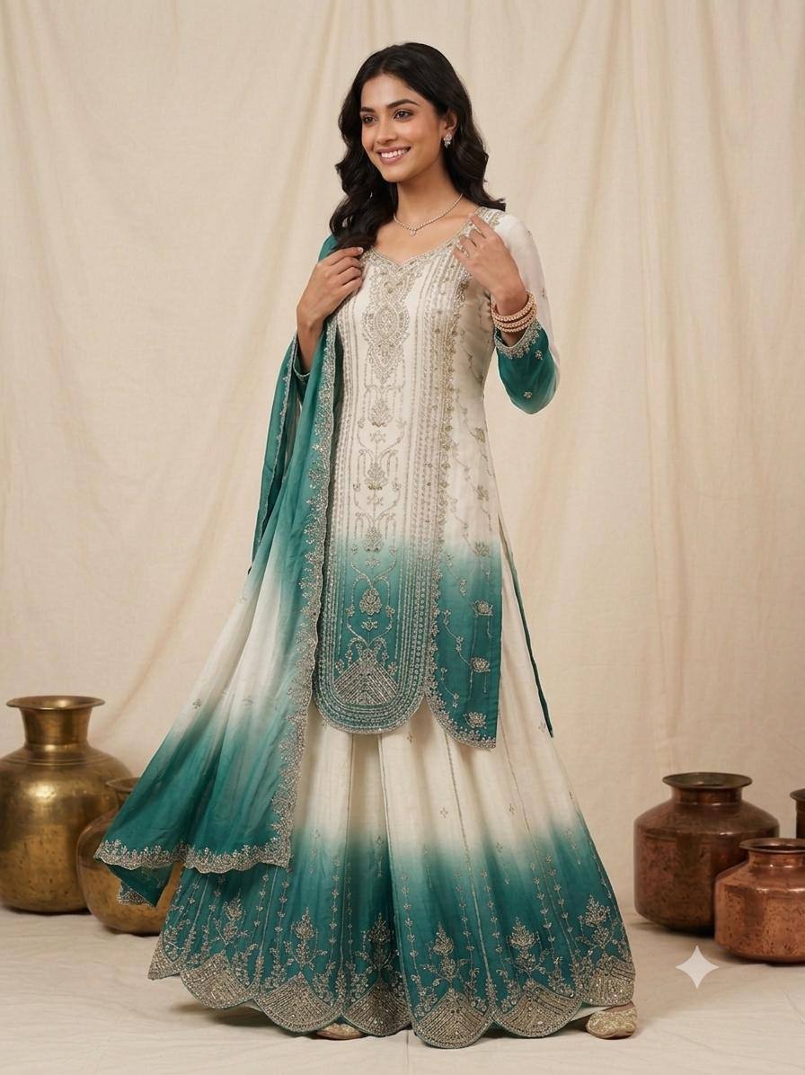 Teal Green Star Georgette Sequin Sharara Set, view 3