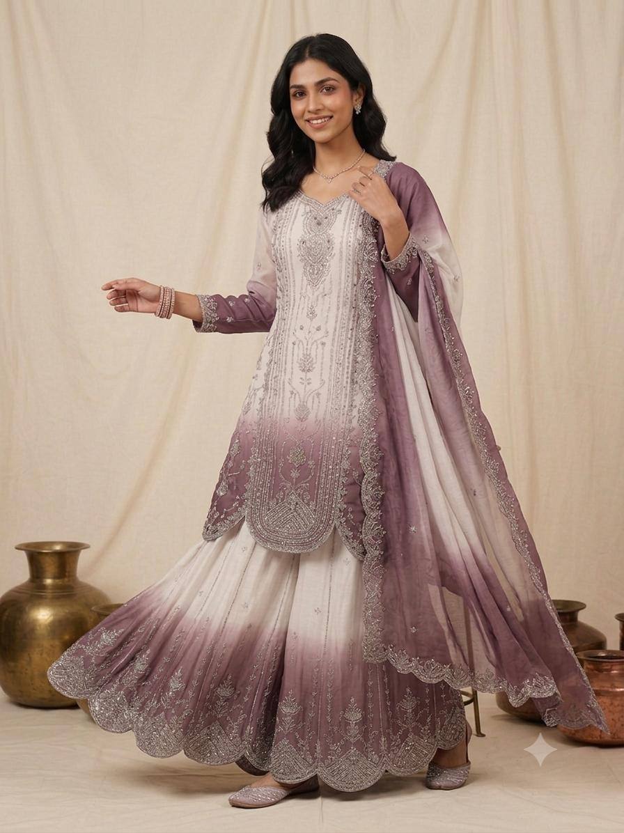 Mauve Star Georgette Sequin Sharara Set