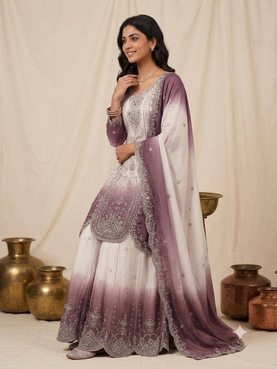 Mauve Star Georgette Sequin Sharara Set, view 3