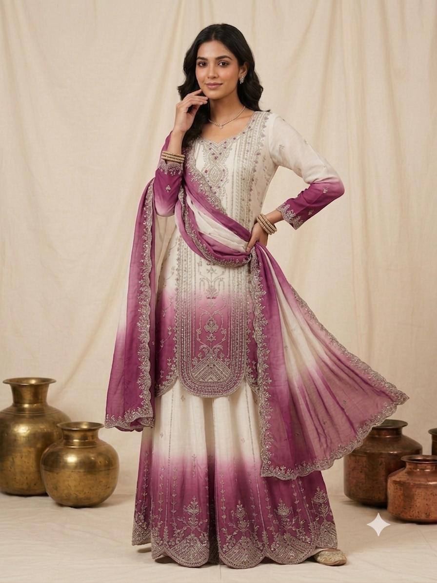 Magenta Star Georgette Sequin Sharara Set, view 2