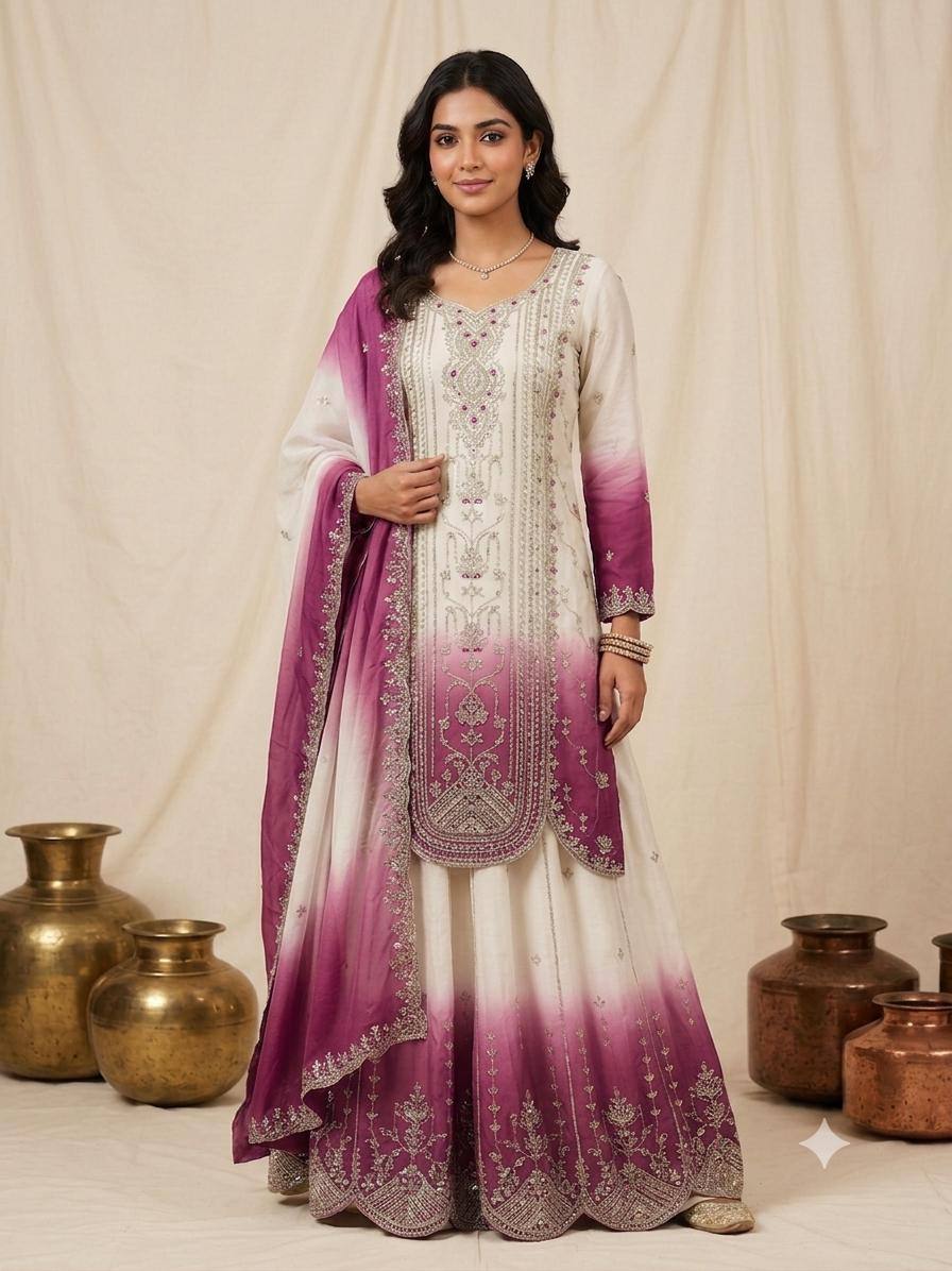 Magenta Star Georgette Sequin Sharara Set, view 3