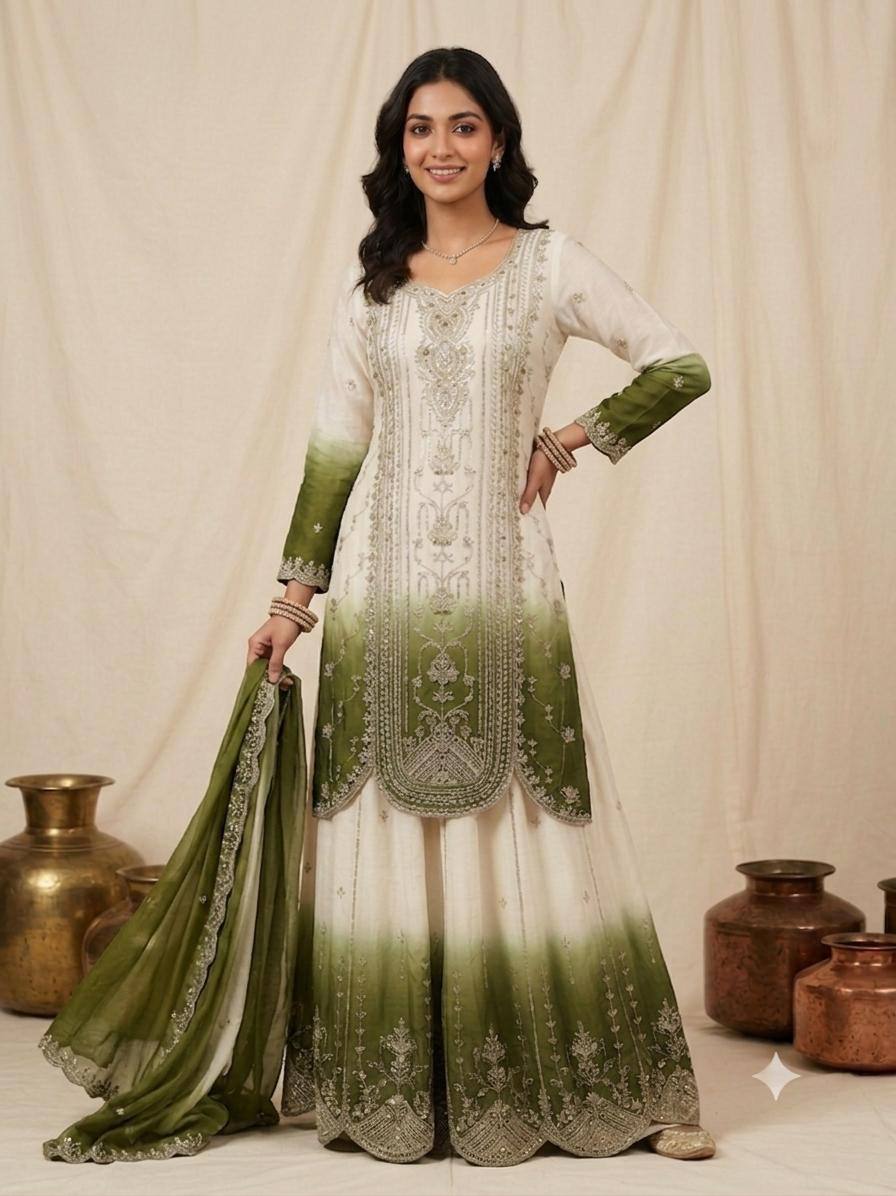 Mehendi Green Star Georgette Sequin Sharara Set, view 2