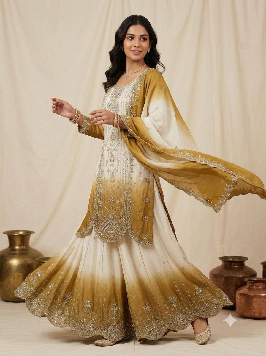 Mustard Star Georgette Sequin Sharara Set, view 3