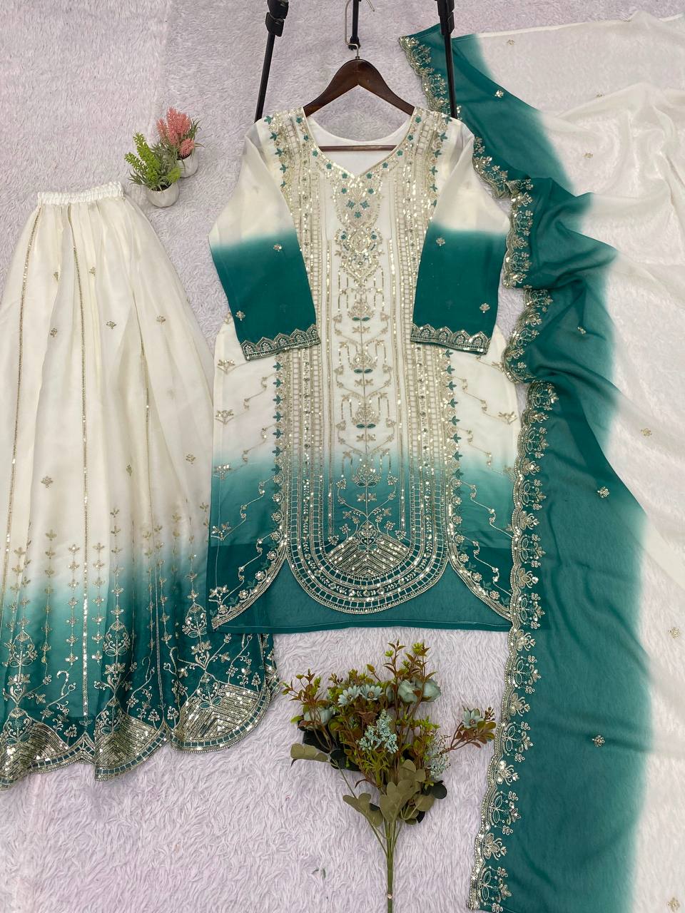 Teal Green Star Georgette Sequin Sharara Set, view 4