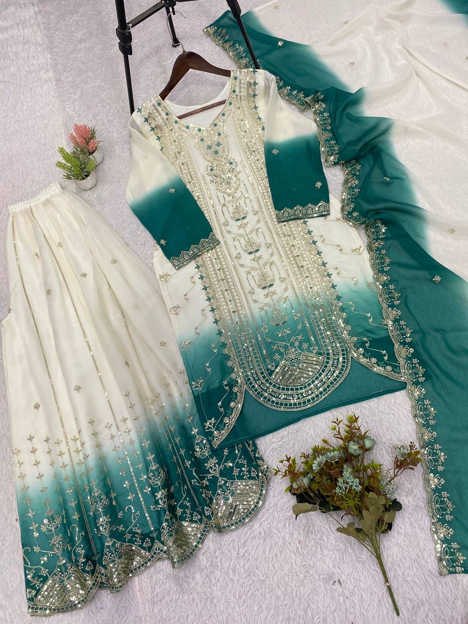 Teal Green Star Georgette Sequin Sharara Set, view 5