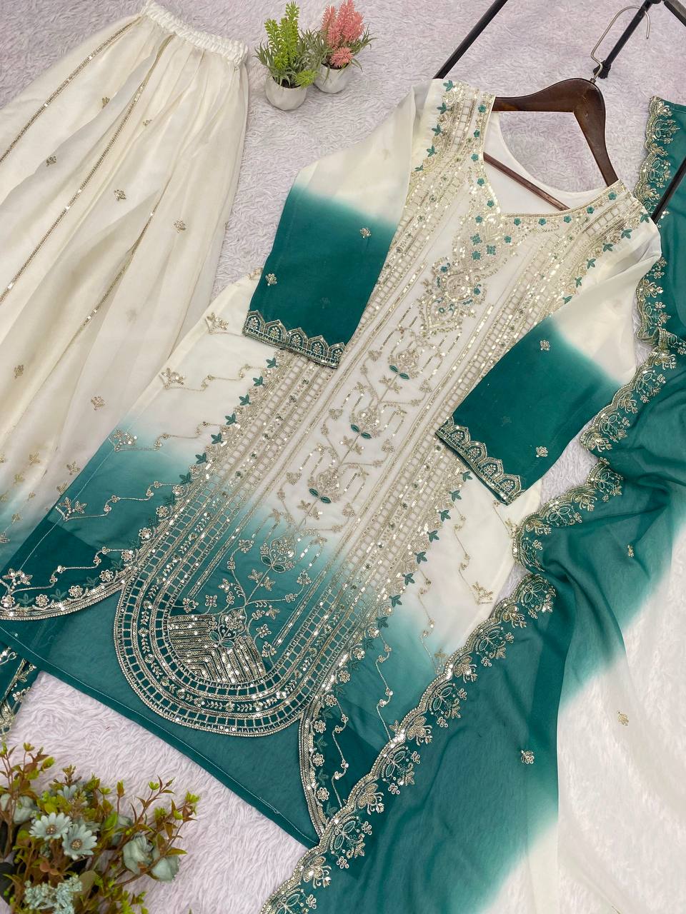 Teal Green Star Georgette Sequin Sharara Set, view 6