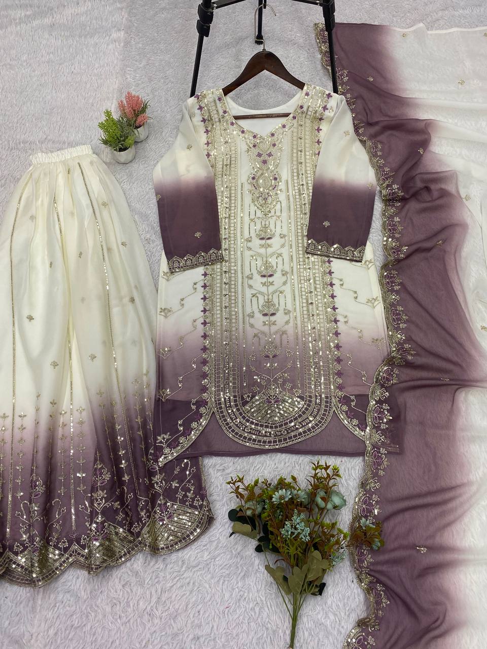 Mauve Star Georgette Sequin Sharara Set, view 4