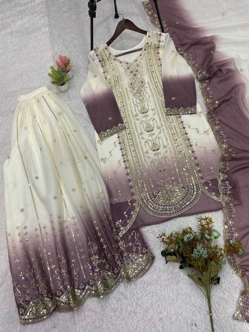 Mauve Star Georgette Sequin Sharara Set, view 5