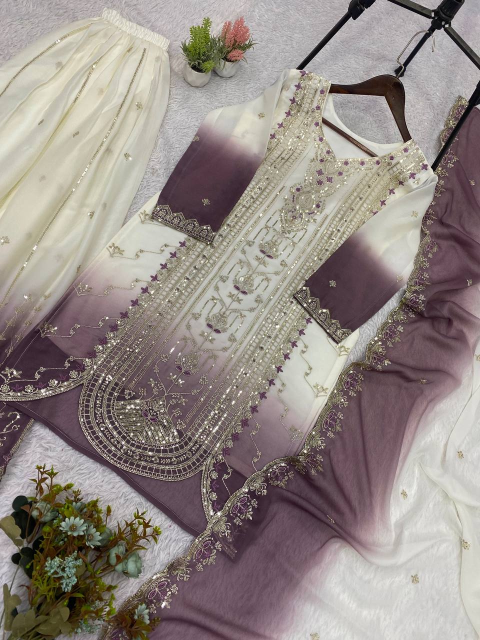 Mauve Star Georgette Sequin Sharara Set, view 6