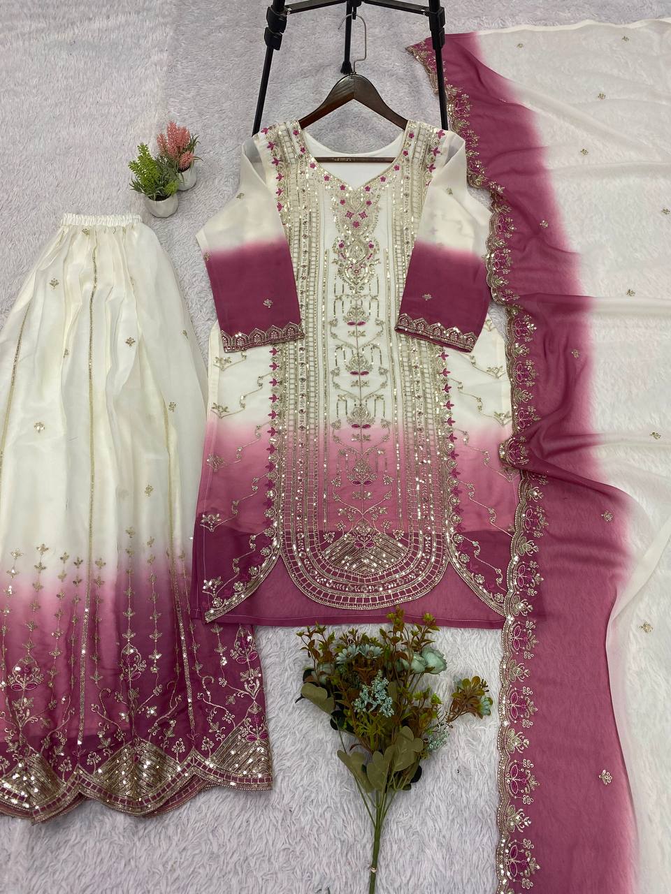 Magenta Star Georgette Sequin Sharara Set, view 4
