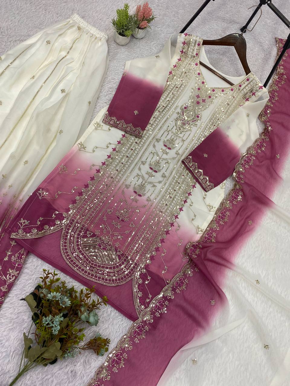Magenta Star Georgette Sequin Sharara Set, view 5