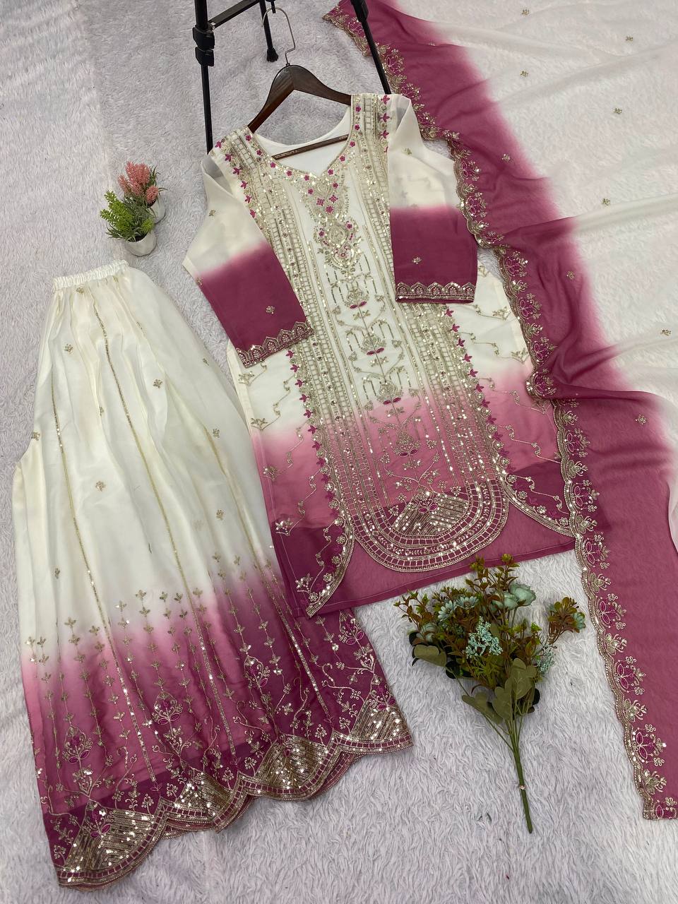 Magenta Star Georgette Sequin Sharara Set, view 6
